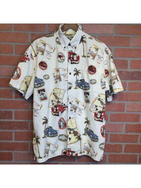 Big Dogs Linen Blend Hawaiian Shirt S/M Retro Car Palm Trees Button Front Resort